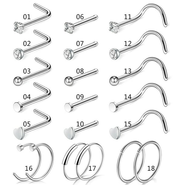 16pcs 20G L Shaped Nose Rings Studs Stainless Steel Nose Stud Hypoallergenic 